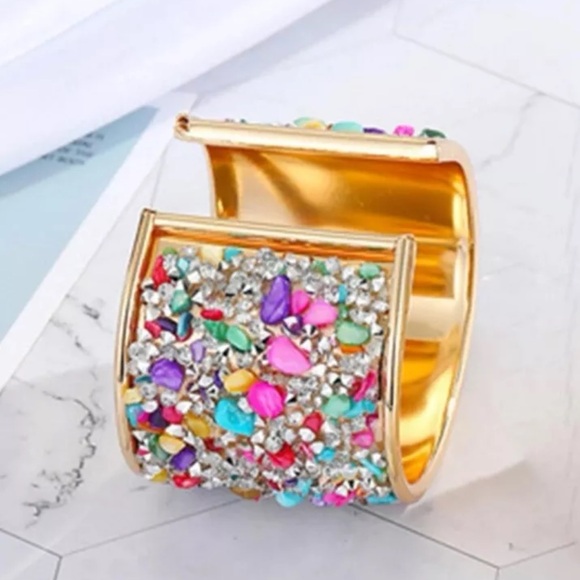 NEW Boho Colorful Stone Rhinestone Inlaid Cuff Bangle Bracelet - Picture 2 of 4